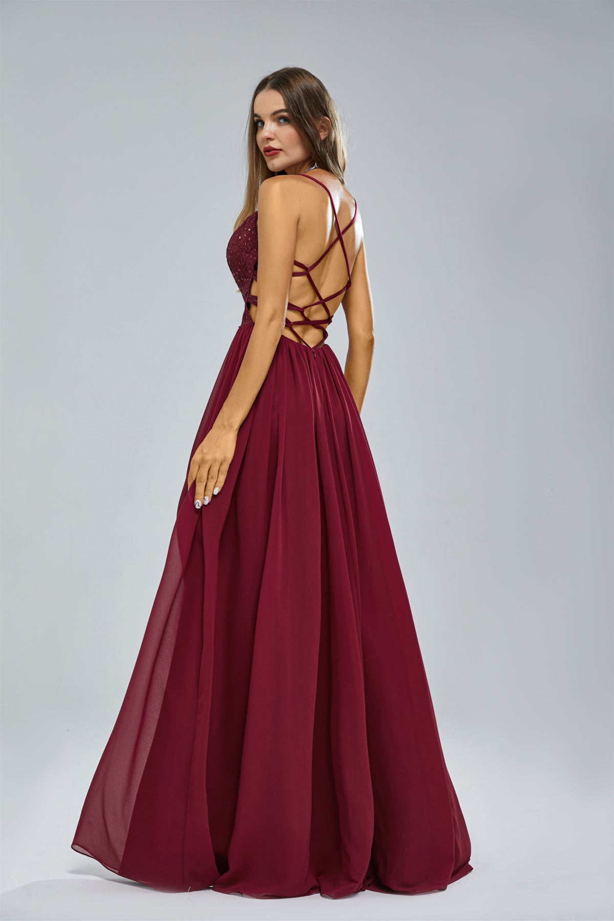 A-Line Spaghetti strap Lace Sequined Floor-Length Sleeveless Backless High Split Elegant Prom Dress