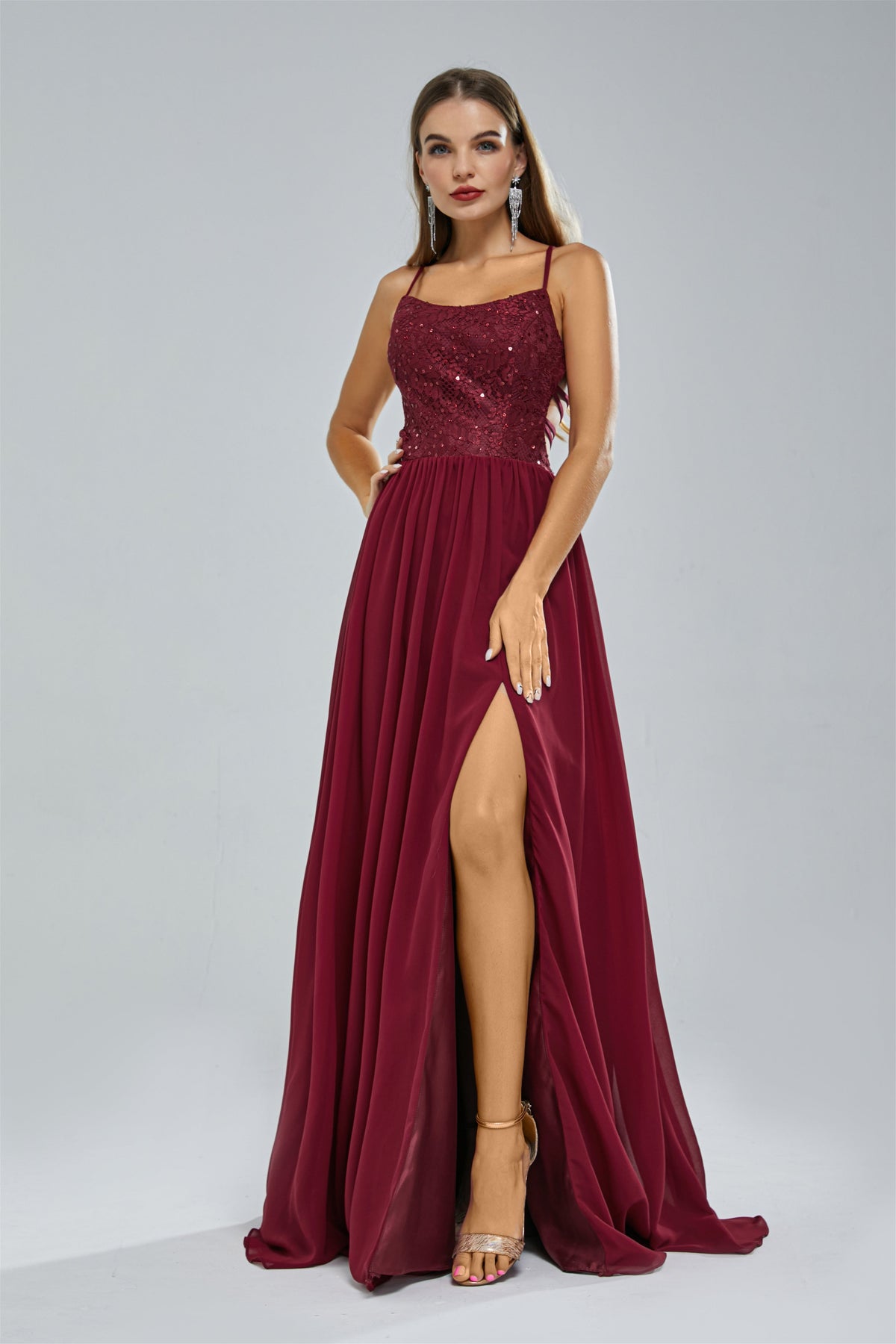 A-Line Spaghetti strap Lace Sequined Floor-Length Sleeveless Backless High Split Elegant Prom Dress