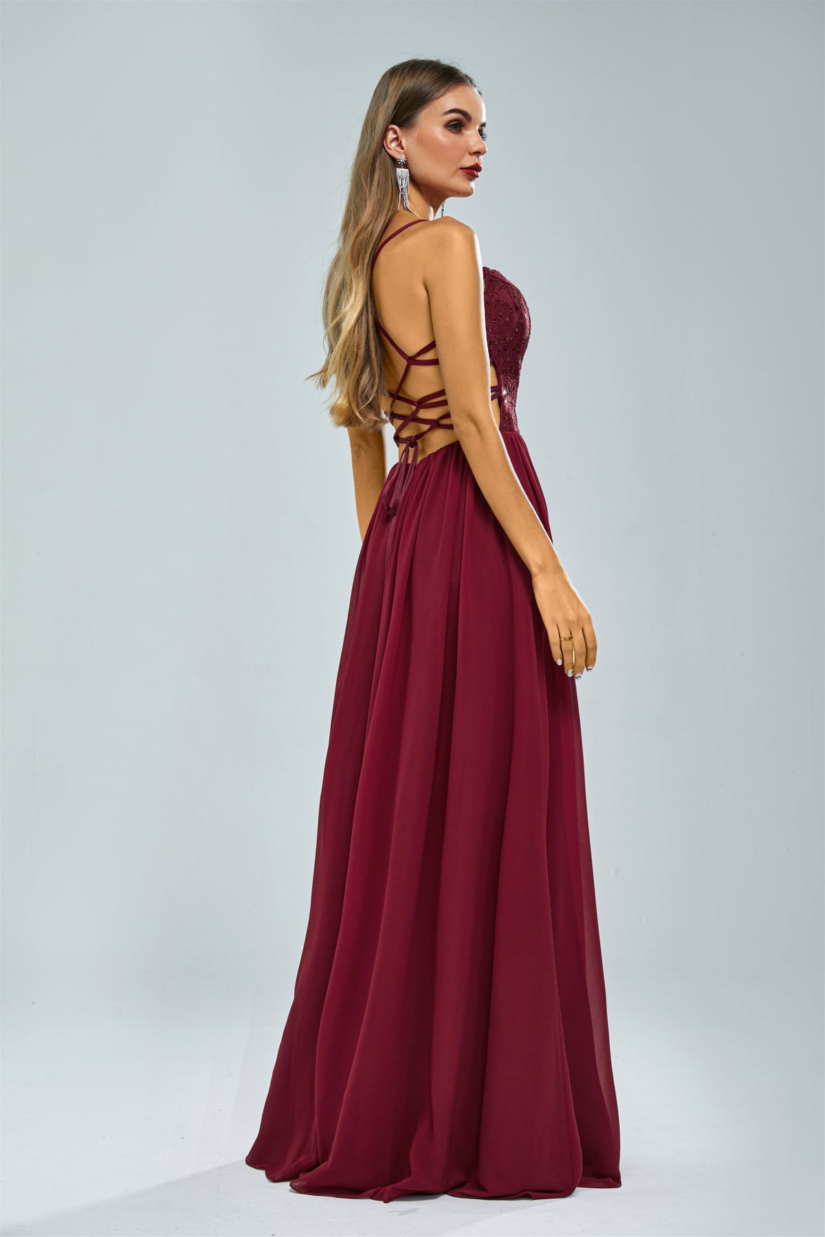 A-Line Spaghetti strap Lace Sequined Floor-Length Sleeveless Backless High Split Elegant Prom Dress