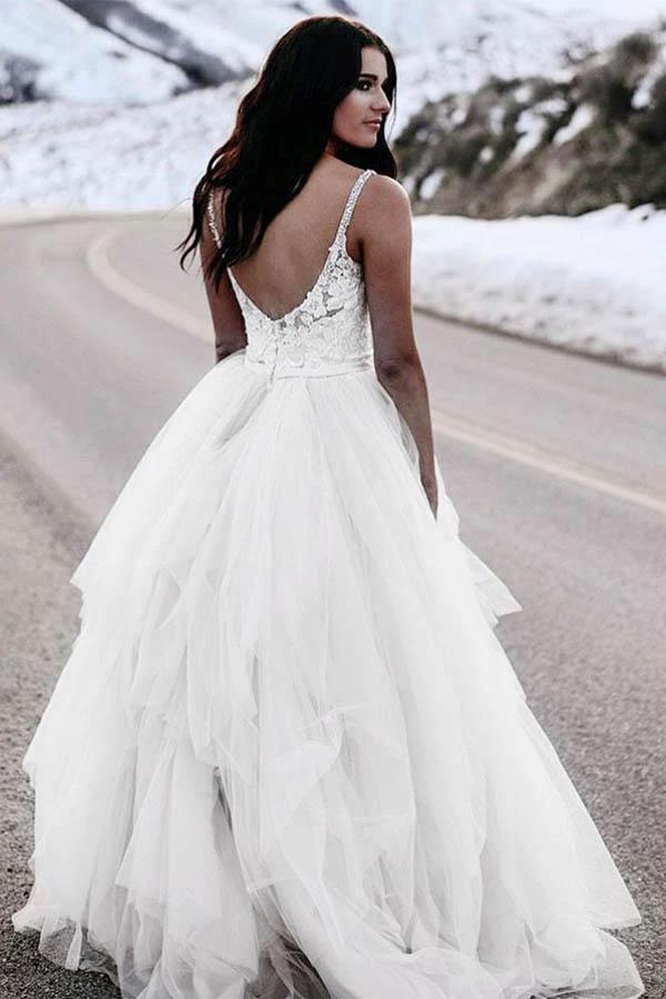 A-Line Spaghetti Straps Asymetrical Wedding Dress with Lace (ZD15493)