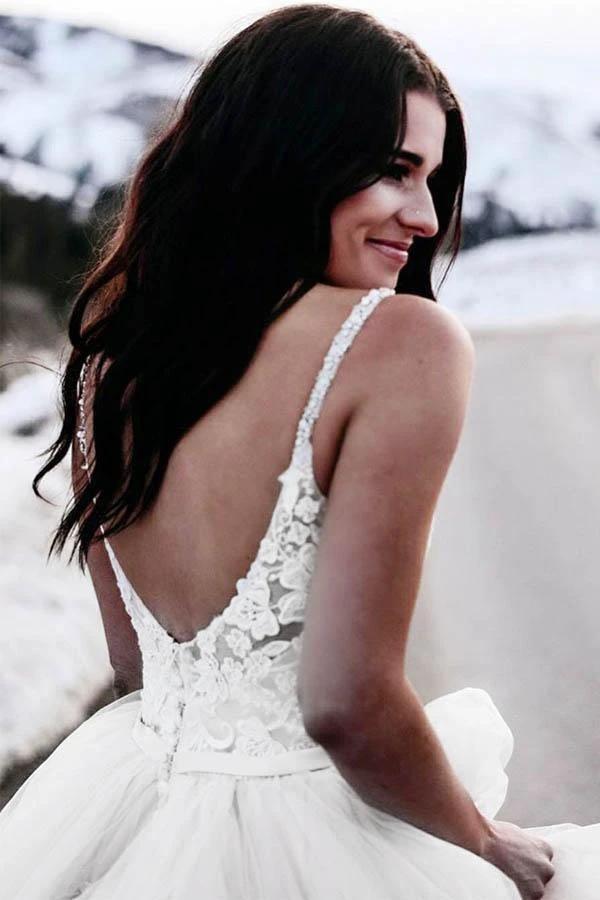 A-Line Spaghetti Straps Asymetrical Wedding Dress with Lace (ZD15493) - View 3 | VelvetHem