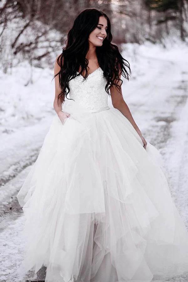 A-Line Spaghetti Straps Asymetrical Wedding Dress with Lace (ZD15493) - VelvetHem