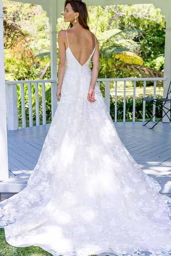 A-Line Spaghetti Straps Backless Long Lace Wedding Dress (ZD15492)