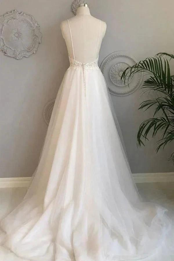 A Line Spaghetti Straps Beach Wedding Dresses Lace Wedding Gowns (ZD15311)