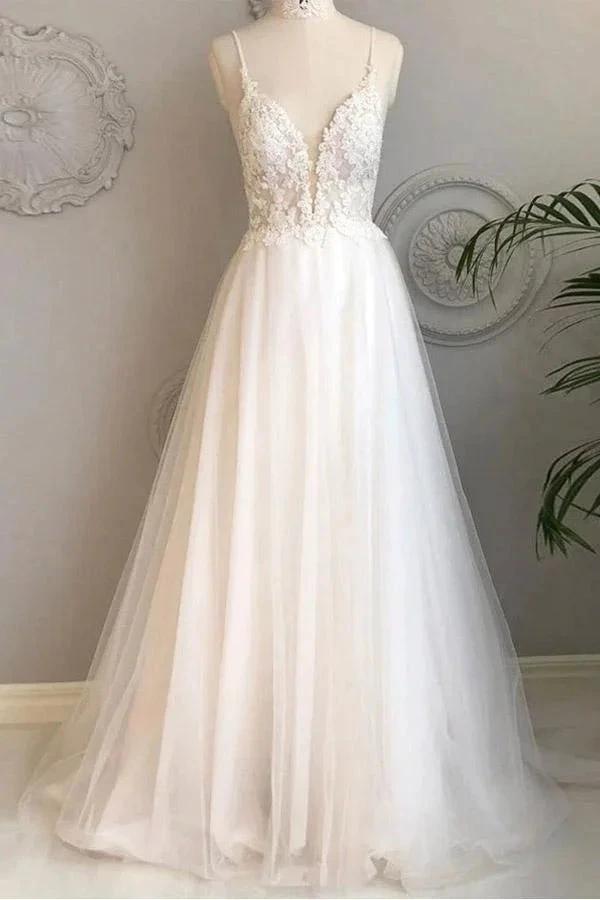 A Line Spaghetti Straps Beach Wedding Dresses Lace Wedding Gowns (ZD15311)