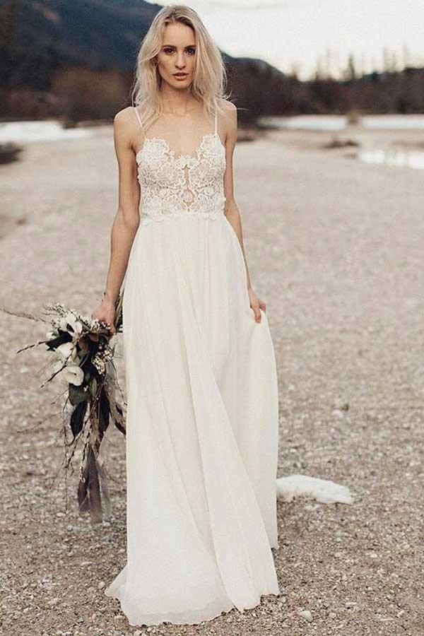 A-Line Spaghetti Straps Long Chiffon Wedding Dress with Lace (ZD16064)