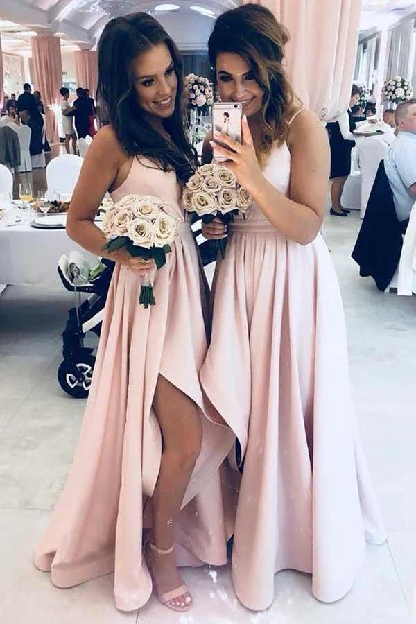 A-Line Spaghetti Straps Low-Cut Pink Satin Bridesmaid Dress with Split (ZD13234)