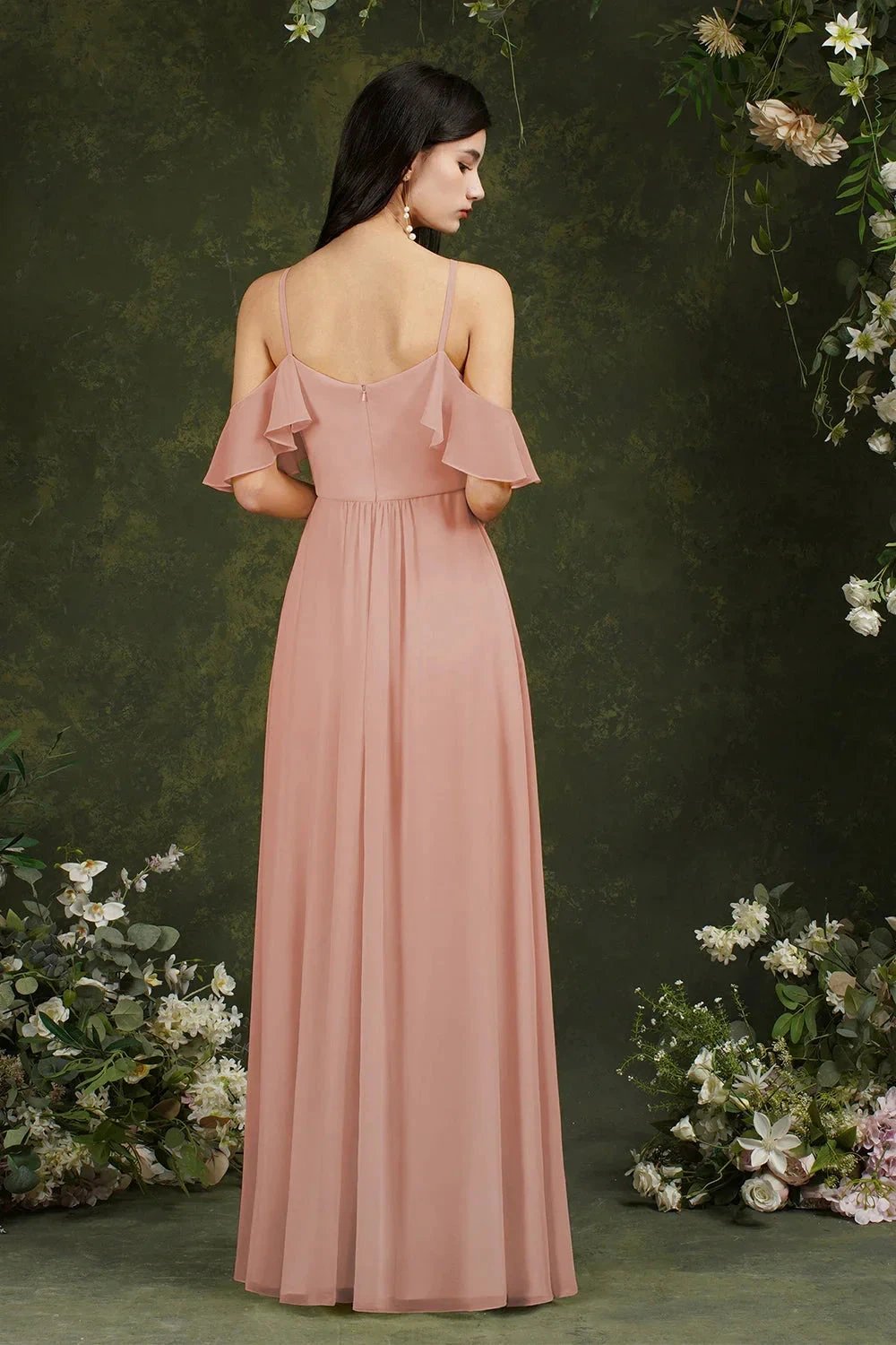A-Line Spaghetti Straps Off-the-shoulder Ruffles Chiffon Bridesmaid Dress With Pockets (ZD13145)