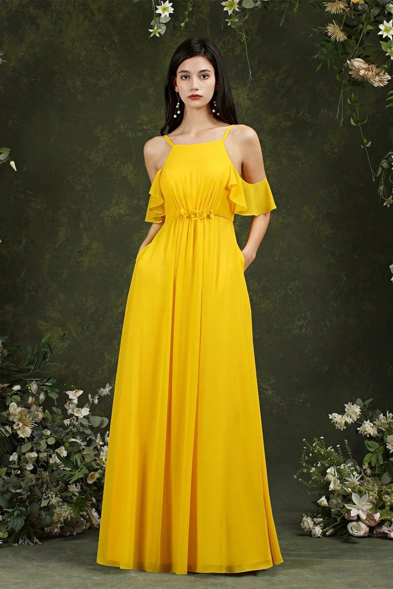 A-Line Spaghetti Straps Off-the-shoulder Ruffles Chiffon Bridesmaid Dress With Pockets (ZD13145)