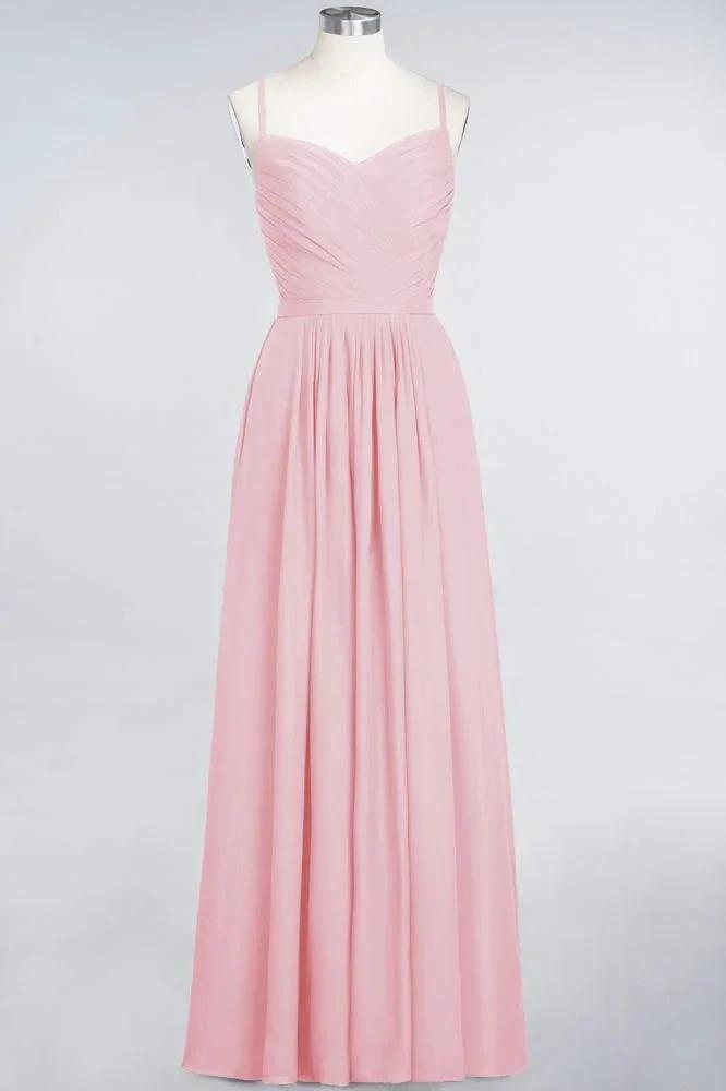A-Line Spaghetti-Straps Sweetheart Sleeveless Bridesmaid Dress Ruffles Chiffon Evening Maxi Gown by misshow.com