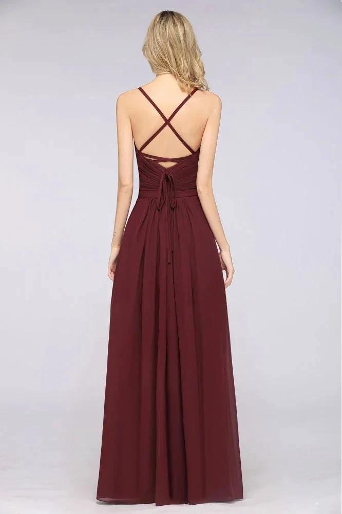 A-Line Spaghetti-Straps Sweetheart Sleeveless Bridesmaid Dress Ruffles Chiffon Evening Maxi Gown (ZD13102)