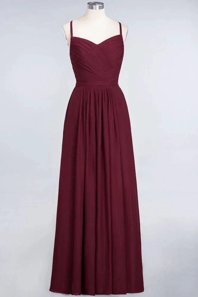 A-Line Spaghetti-Straps Sweetheart Sleeveless Bridesmaid Dress Ruffles Chiffon Evening Maxi Gown (ZD13102)