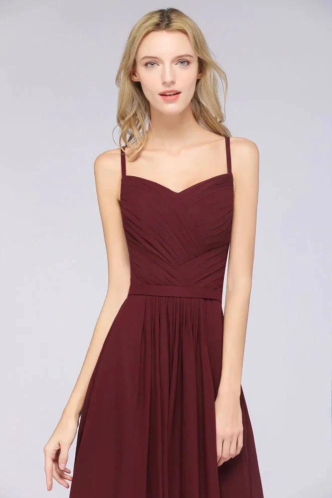 A-Line Spaghetti-Straps Sweetheart Sleeveless Bridesmaid Dress Ruffles Chiffon Evening Maxi Gown (ZD13102)