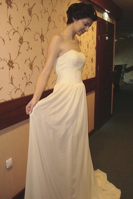 A-line Strapless Floor Length Chapel Chiffon Paillette Prom Dress