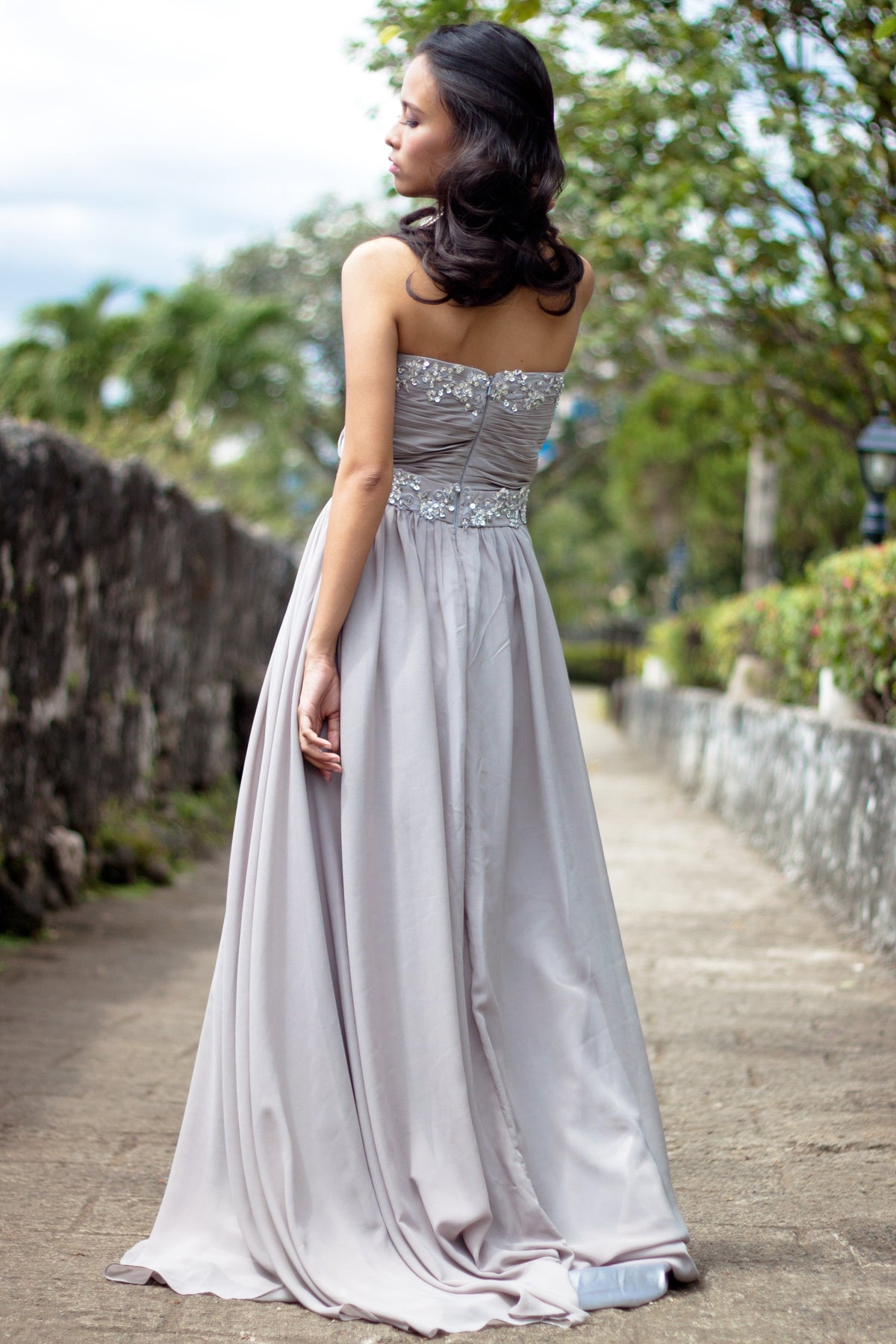 A-line Strapless Floor Length Chiffon Beaded Applique Evening Dress