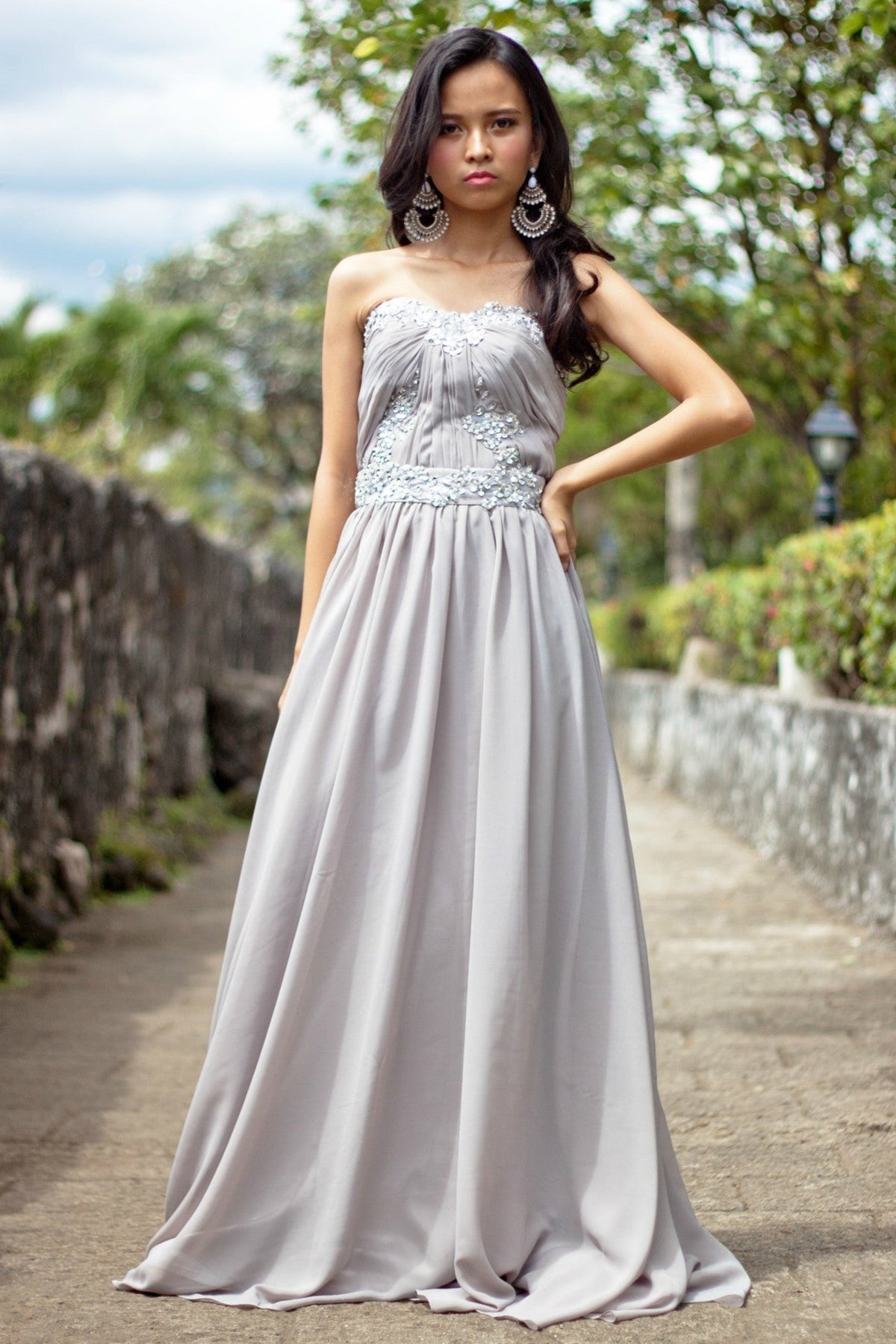 A-line Strapless Floor Length Chiffon Beaded Applique Evening Dress