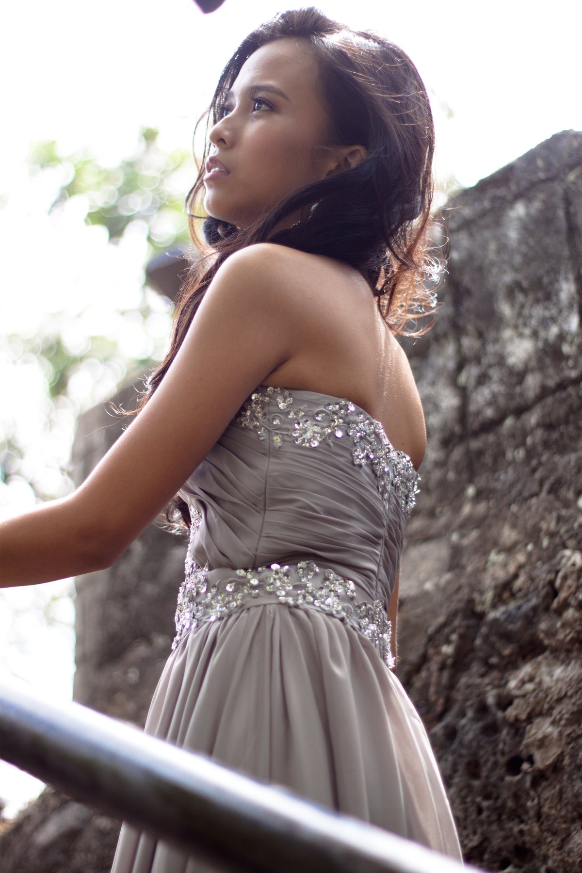 A-line Strapless Floor Length Chiffon Beaded Applique Evening Dress