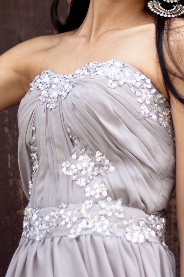 A-line Strapless Floor Length Chiffon Beaded Applique Evening Dress