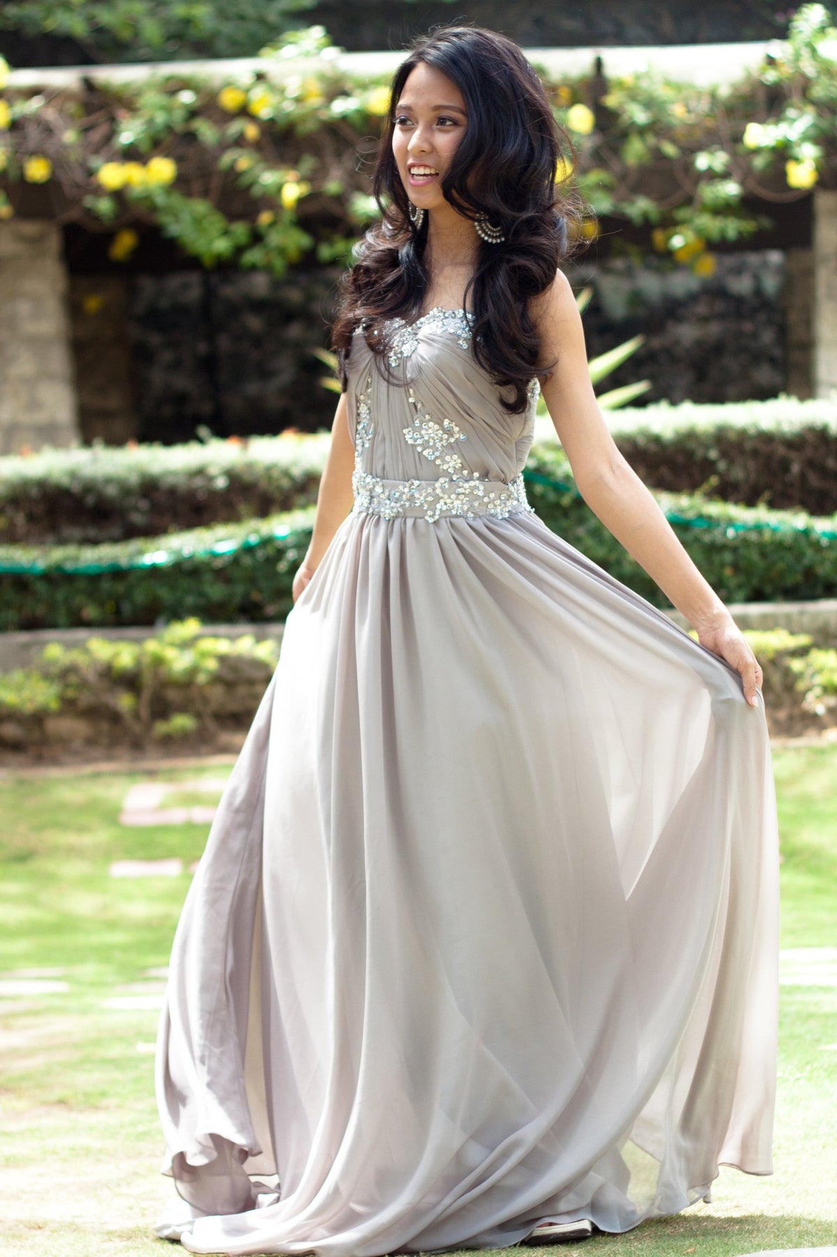 A-line Strapless Floor Length Chiffon Beaded Applique Evening Dress