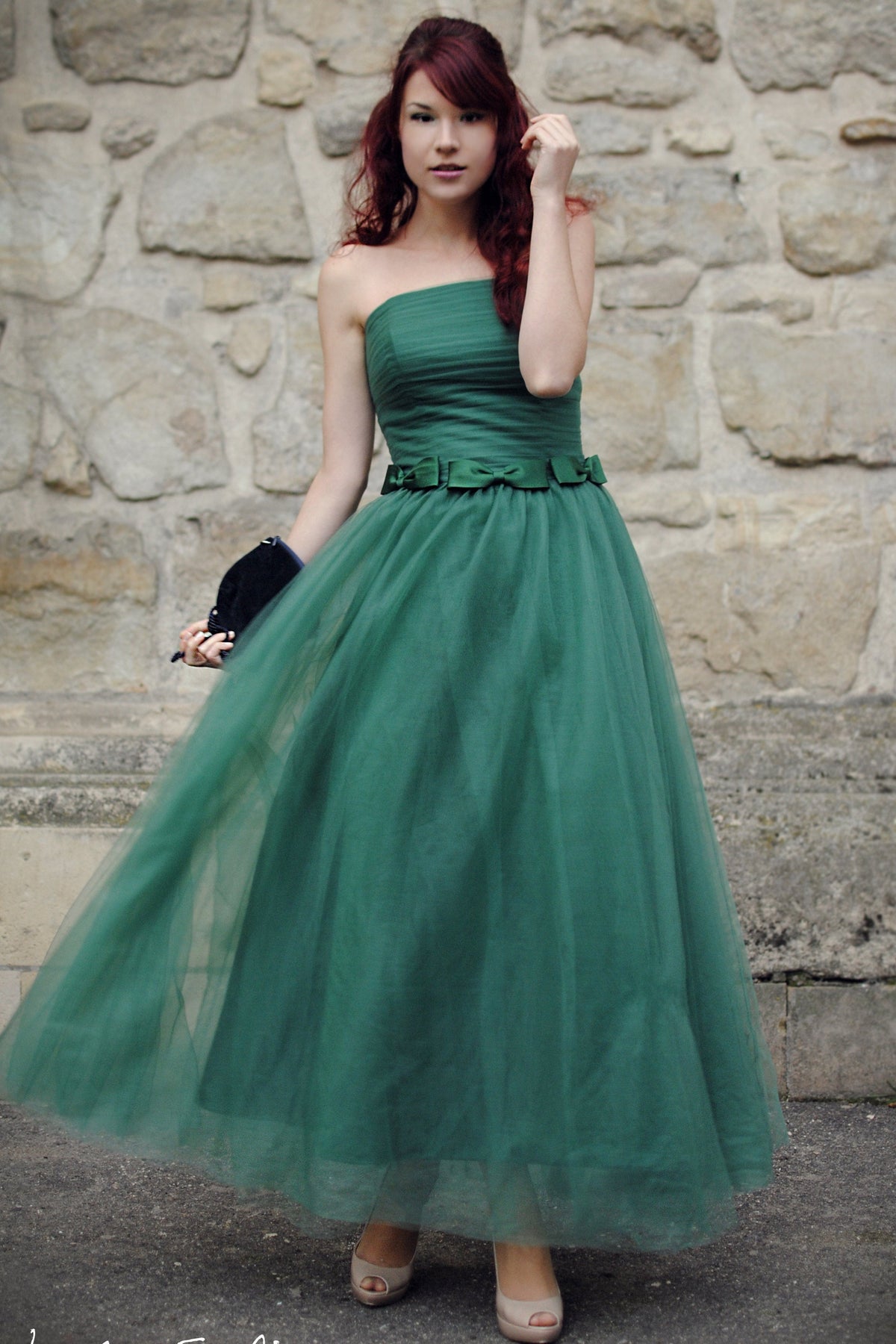 A-Line Strapless Floor-Length Tulle Bows Backless Prom Dress