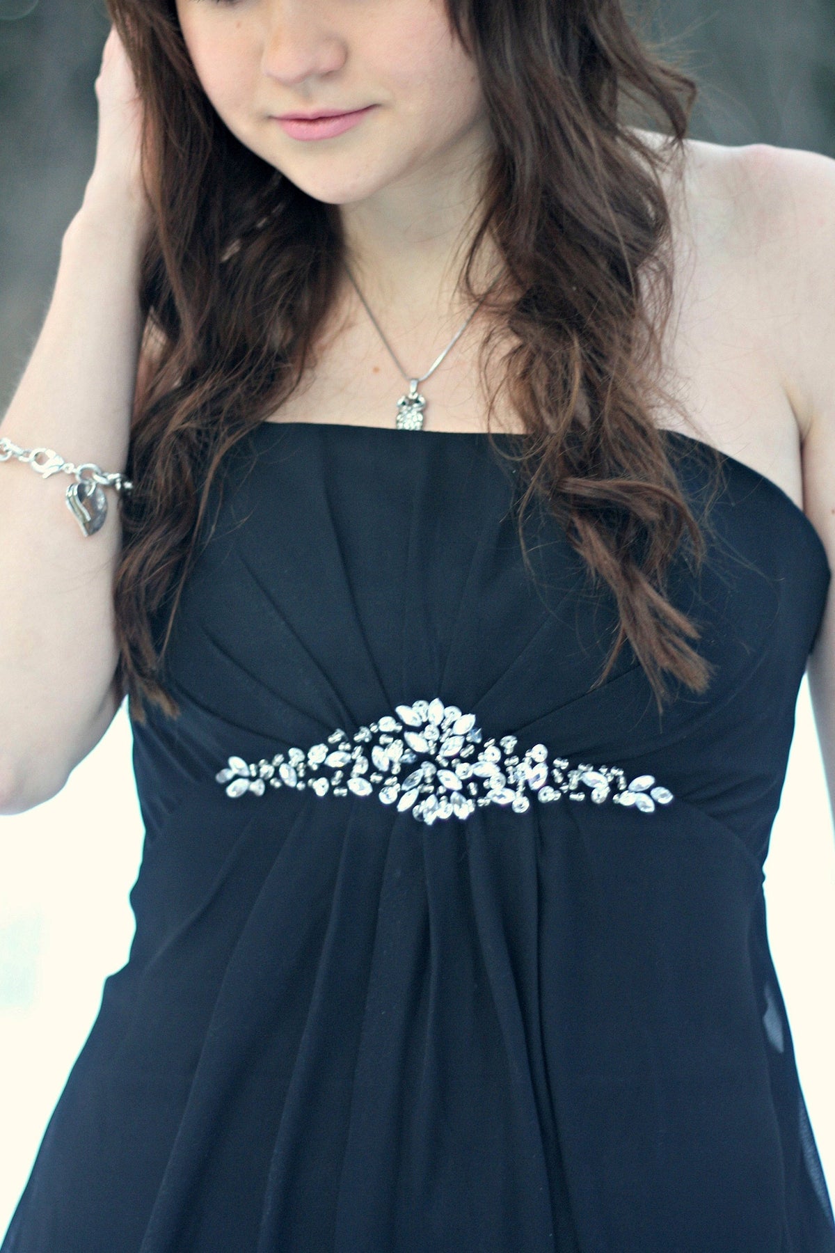 A-line Strapless Floor Length Tulle Rhinestone Backless Prom Dress