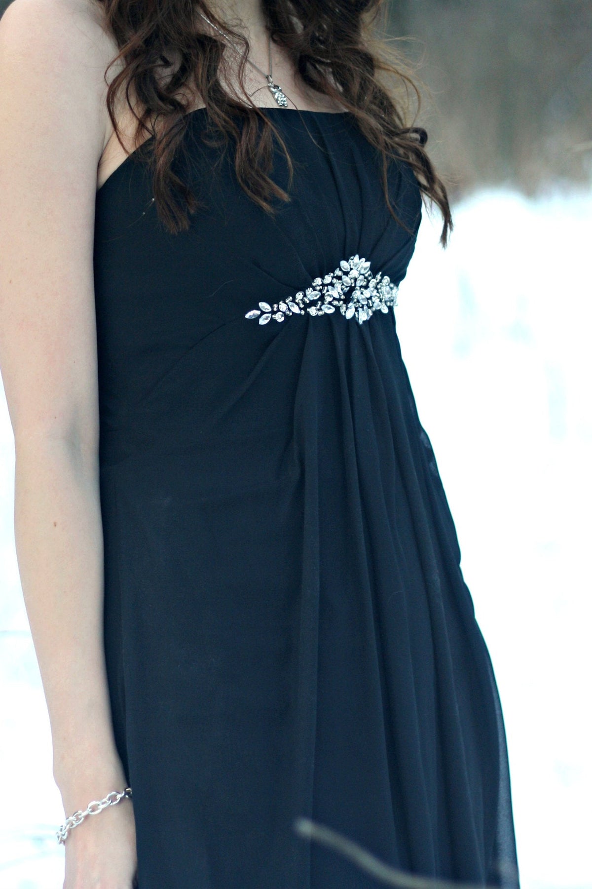 A-line Strapless Floor Length Tulle Rhinestone Backless Prom Dress