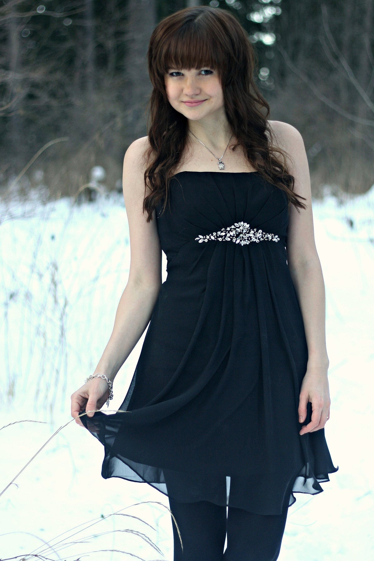 A-line Strapless Floor Length Tulle Rhinestone Backless Prom Dress