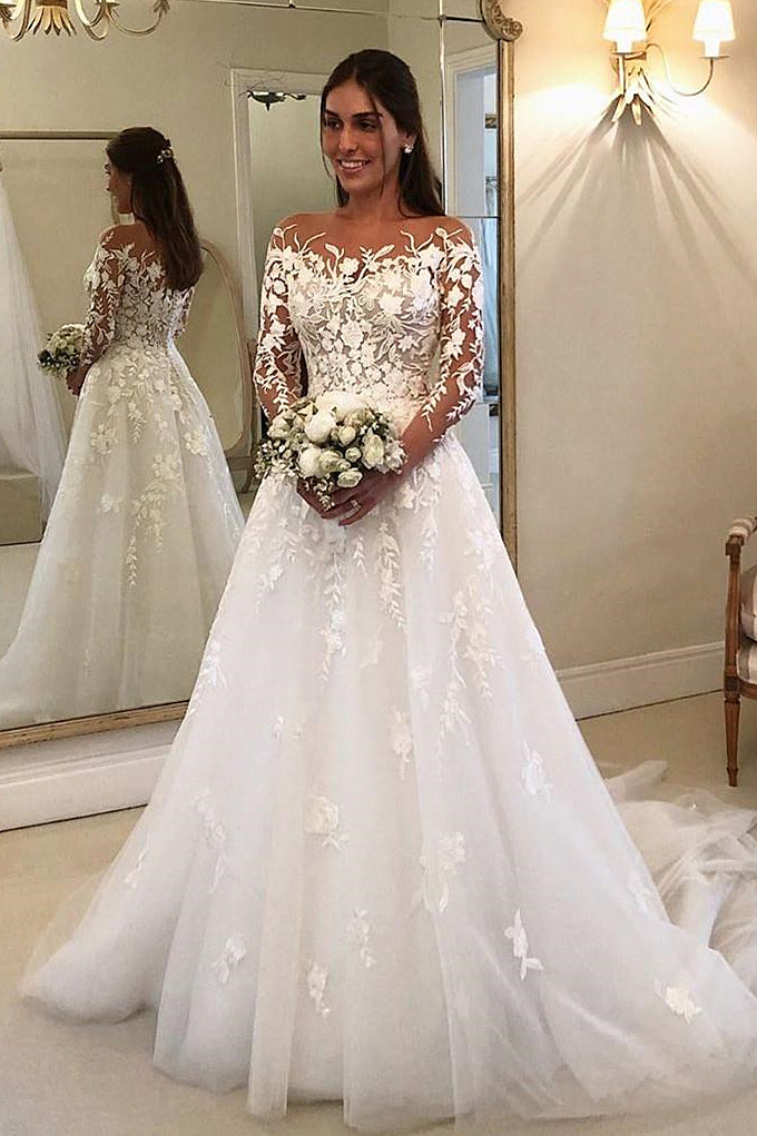A-Line Strapless Long Sleeves Court Train Tulle Applique Wedding Dress