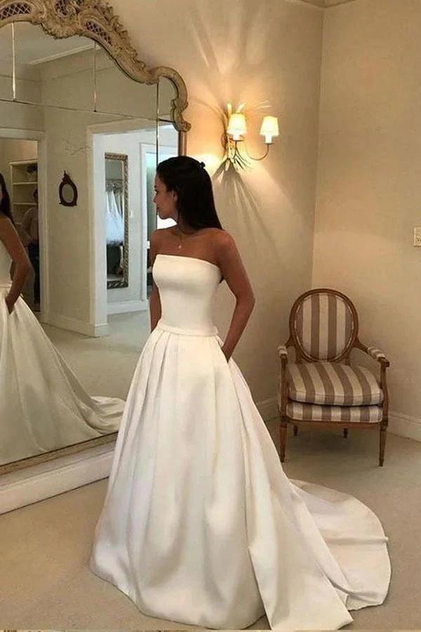 A-line Strapless Open Back Satin Ivory Wedding Dress with Pockets (ZD15343)
