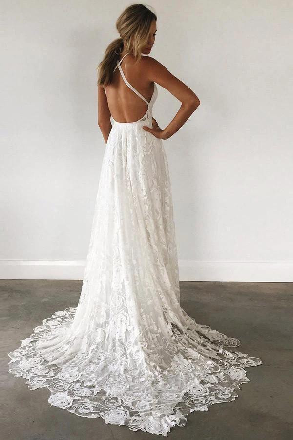 A-Line Straps Backless Court Train Lace Beach Wedding Dress (ZD16278)