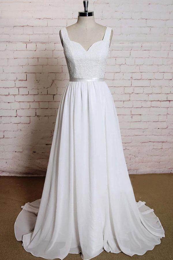 A-line Straps Court Train Chiffon Appliques Backless Wedding Dresses (ZD15489)