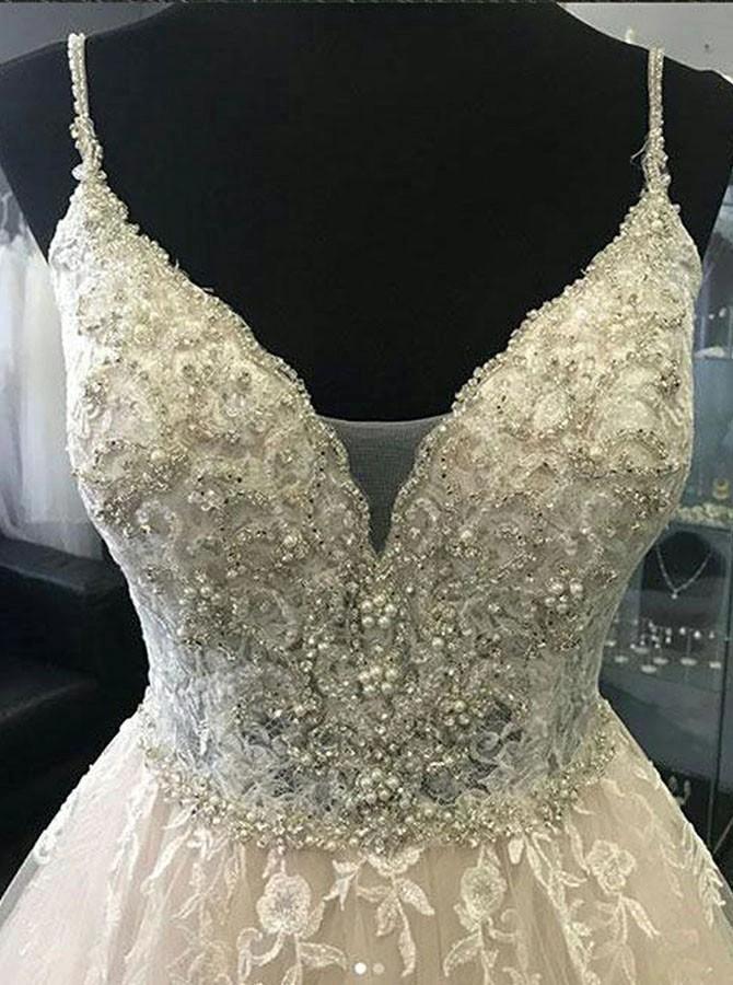 A-Line Straps Ivory Tulle Wedding Dress with Appliques Beading (ZD15488)