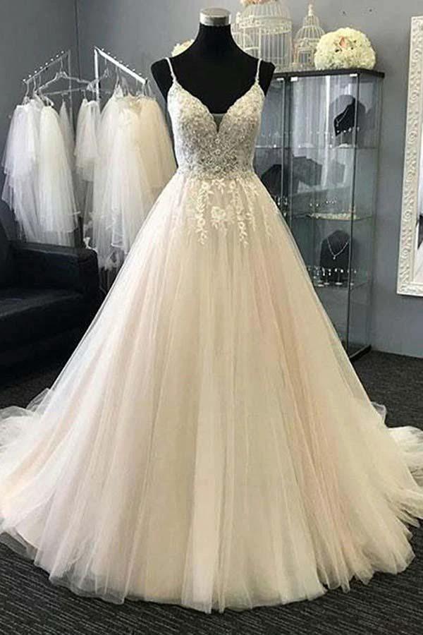 A-Line Straps Ivory Tulle Wedding Dress with Appliques Beading (ZD15488)