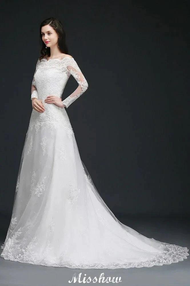 A-line Sweep-train Ivory Wedding Dress with Lace by misshow.com