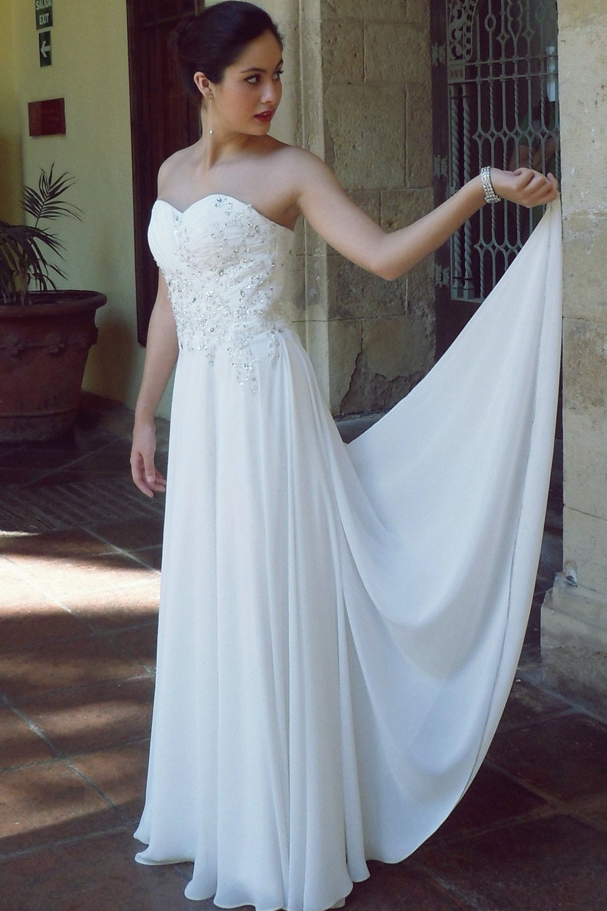 A-Line Sweetheart Floor-Length Chiffon Beaded Wedding Dress