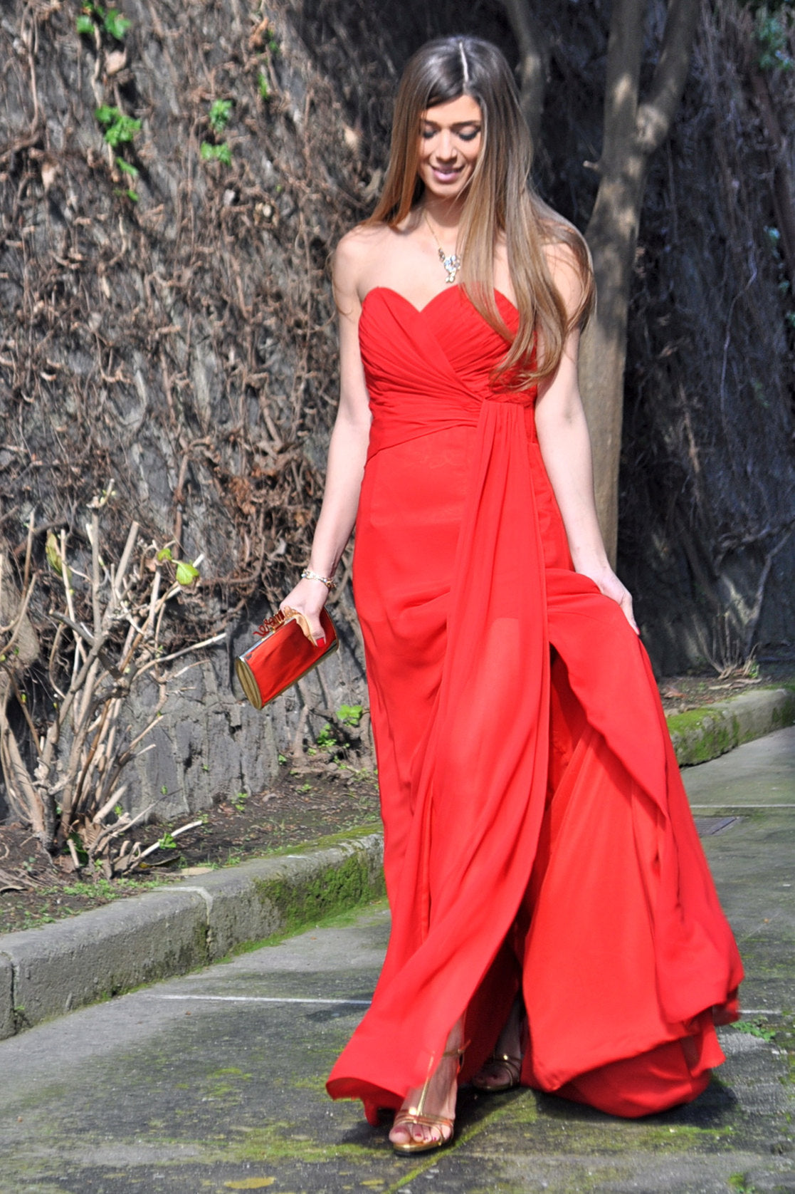 A-Line Sweetheart Floor-Length Chiffon Front Slit Prom Dress