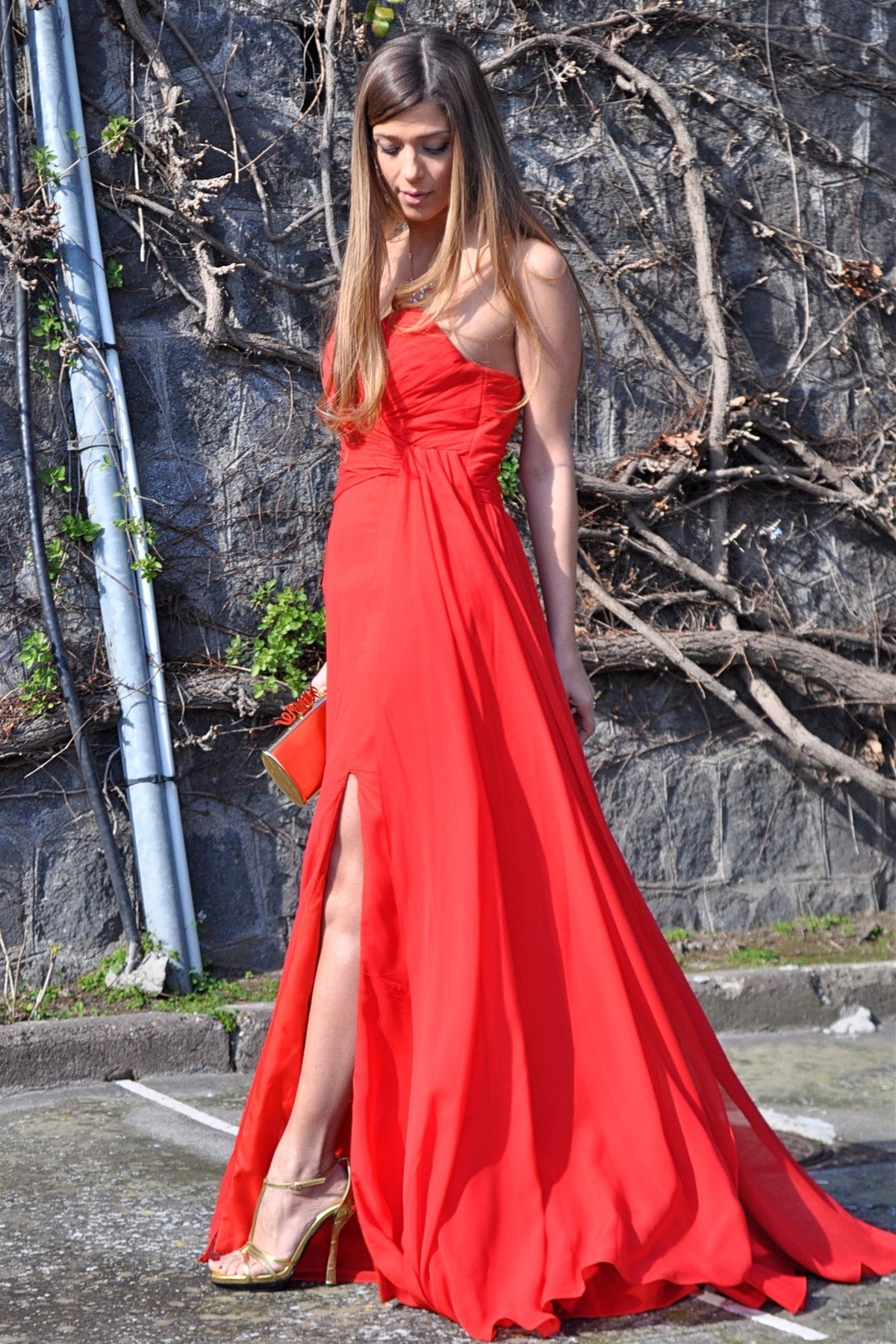 A-Line Sweetheart Floor-Length Chiffon Front Slit Prom Dress
