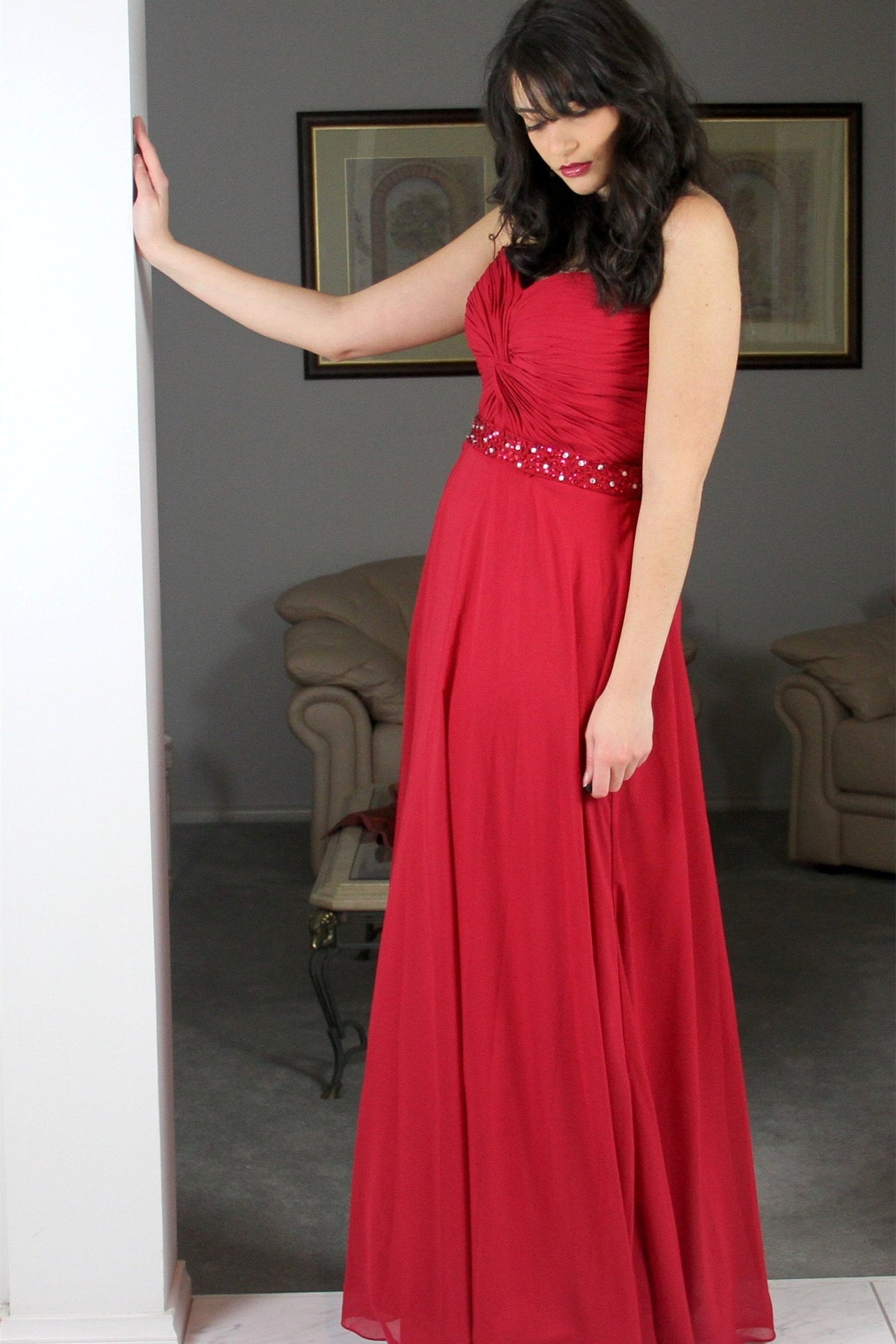 A-Line Sweetheart Floor-Length Chiffon Rhinestone Prom Dress