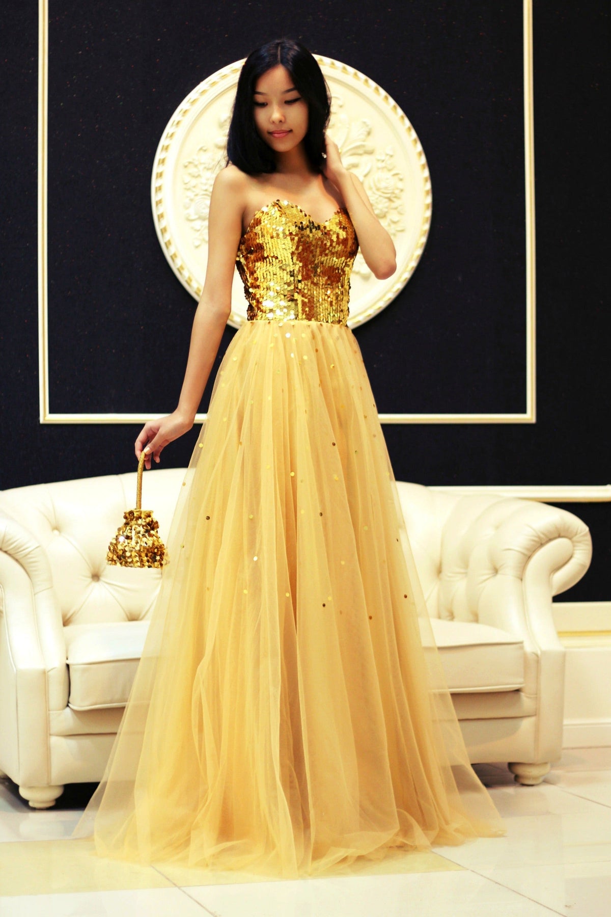 A-Line Sweetheart Floor-Length Tulle Paillette Prom Dress
