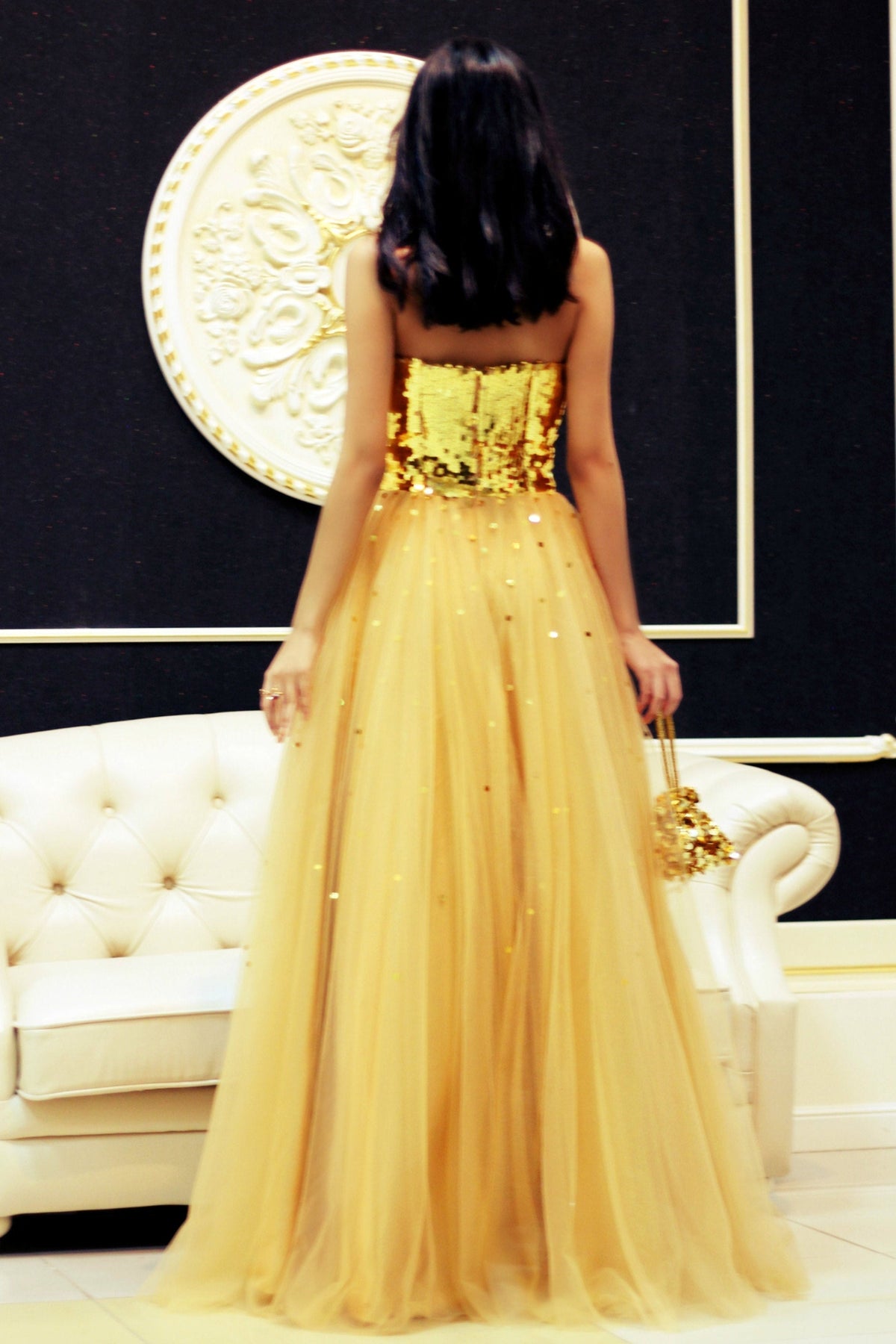 A-Line Sweetheart Floor-Length Tulle Paillette Prom Dress