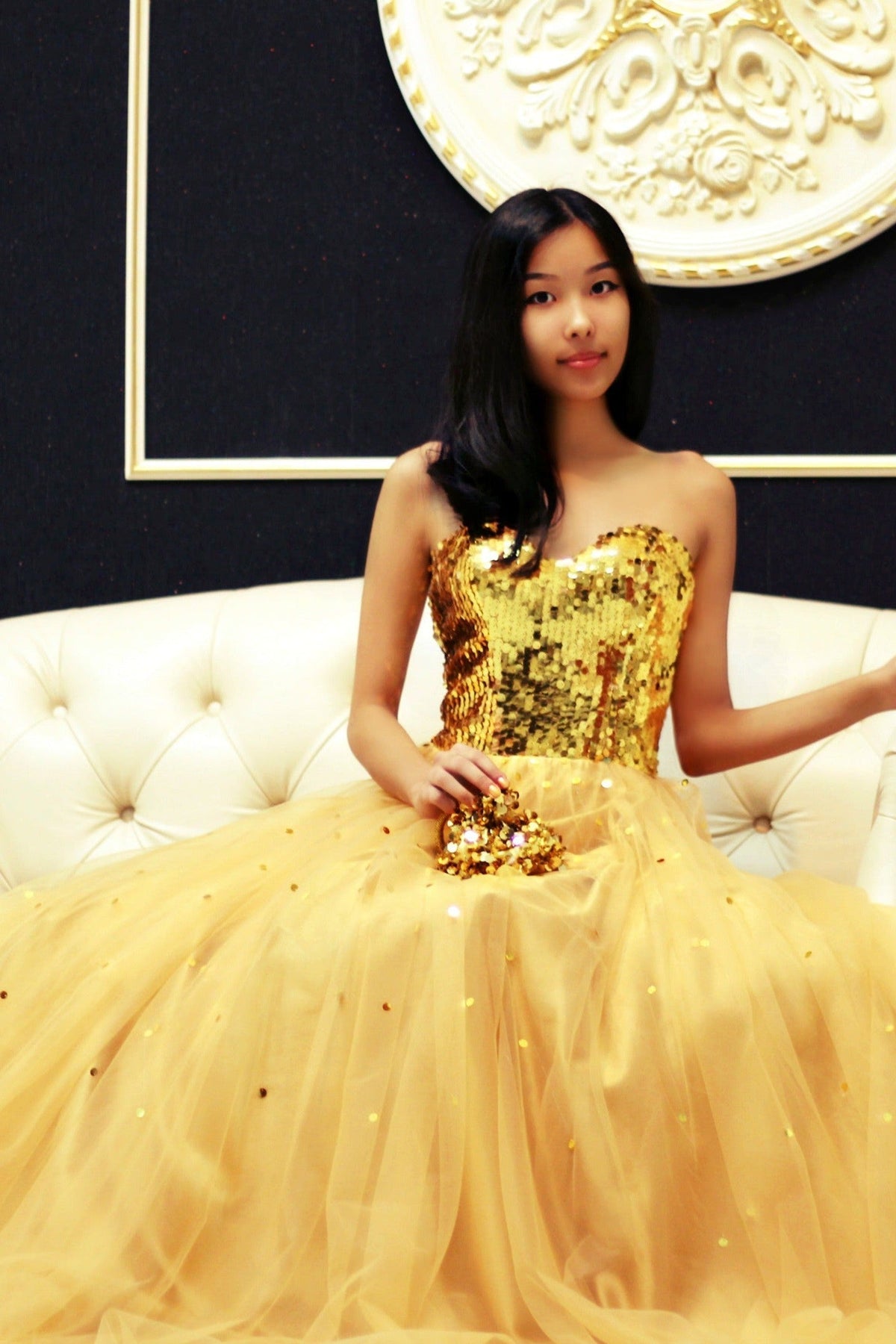 A-Line Sweetheart Floor-Length Tulle Paillette Prom Dress