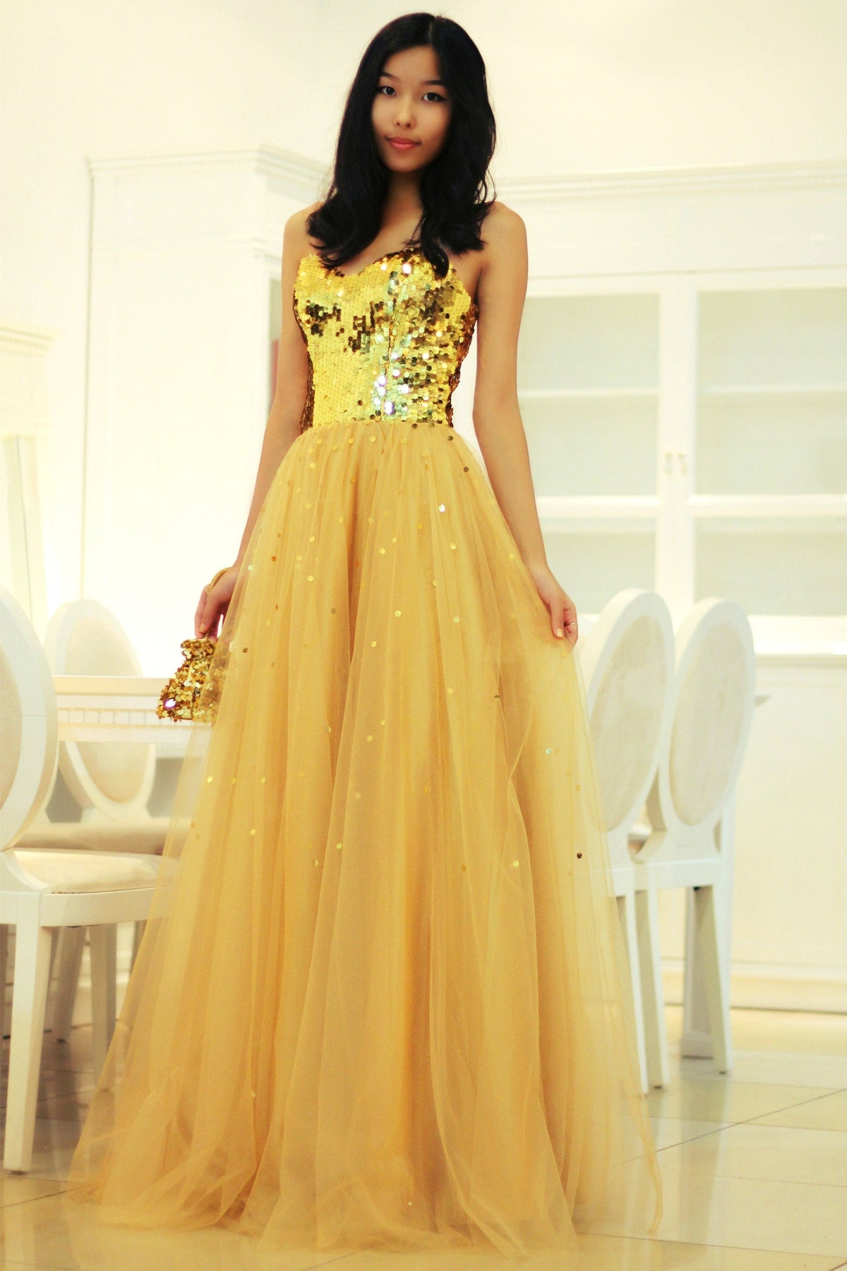 A-Line Sweetheart Floor-Length Tulle Paillette Prom Dress