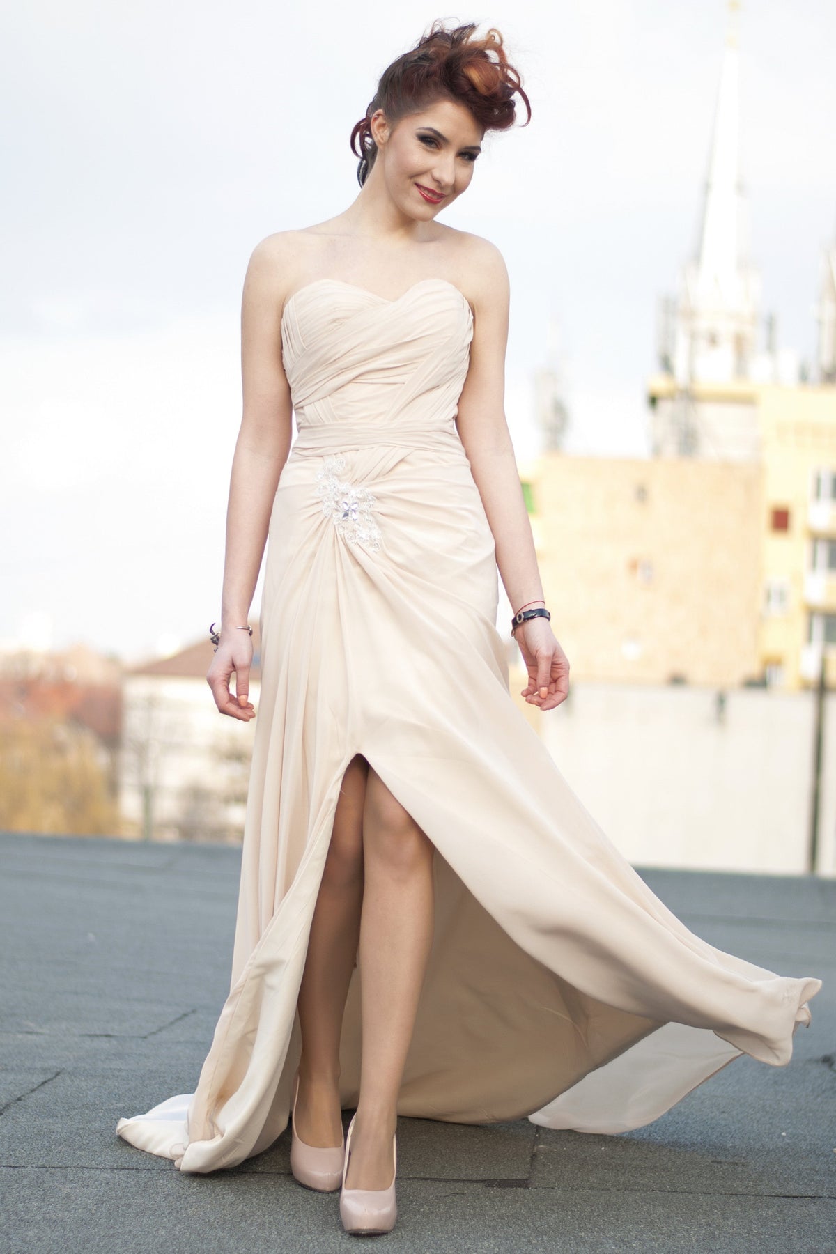 A-Line Sweetheart Front Slit Floor-Length Chiffon Applique Evening Dress