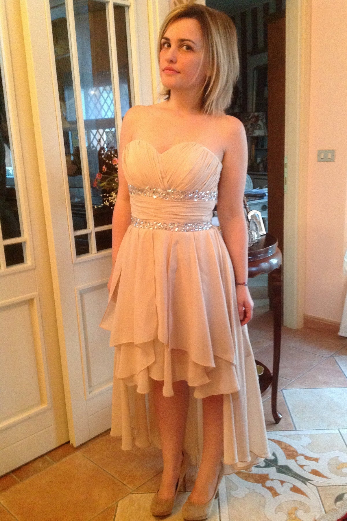 A-Line Sweetheart Hi-low Length Chiffon Rhinestone Prom Dress