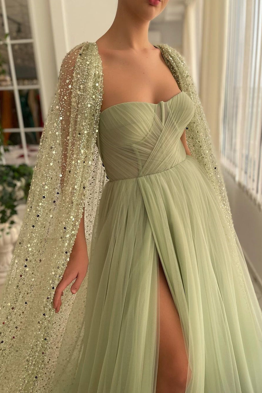 A-Line Sweetheart High Split Shawl Sequined Floor-Length Elegant Prom Dress