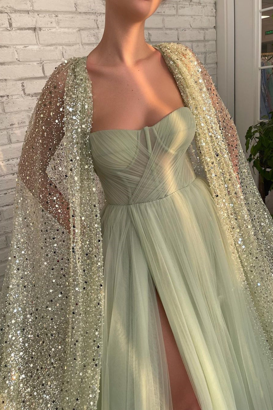 A-Line Sweetheart High Split Shawl Sequined Floor-Length Elegant Prom Dress