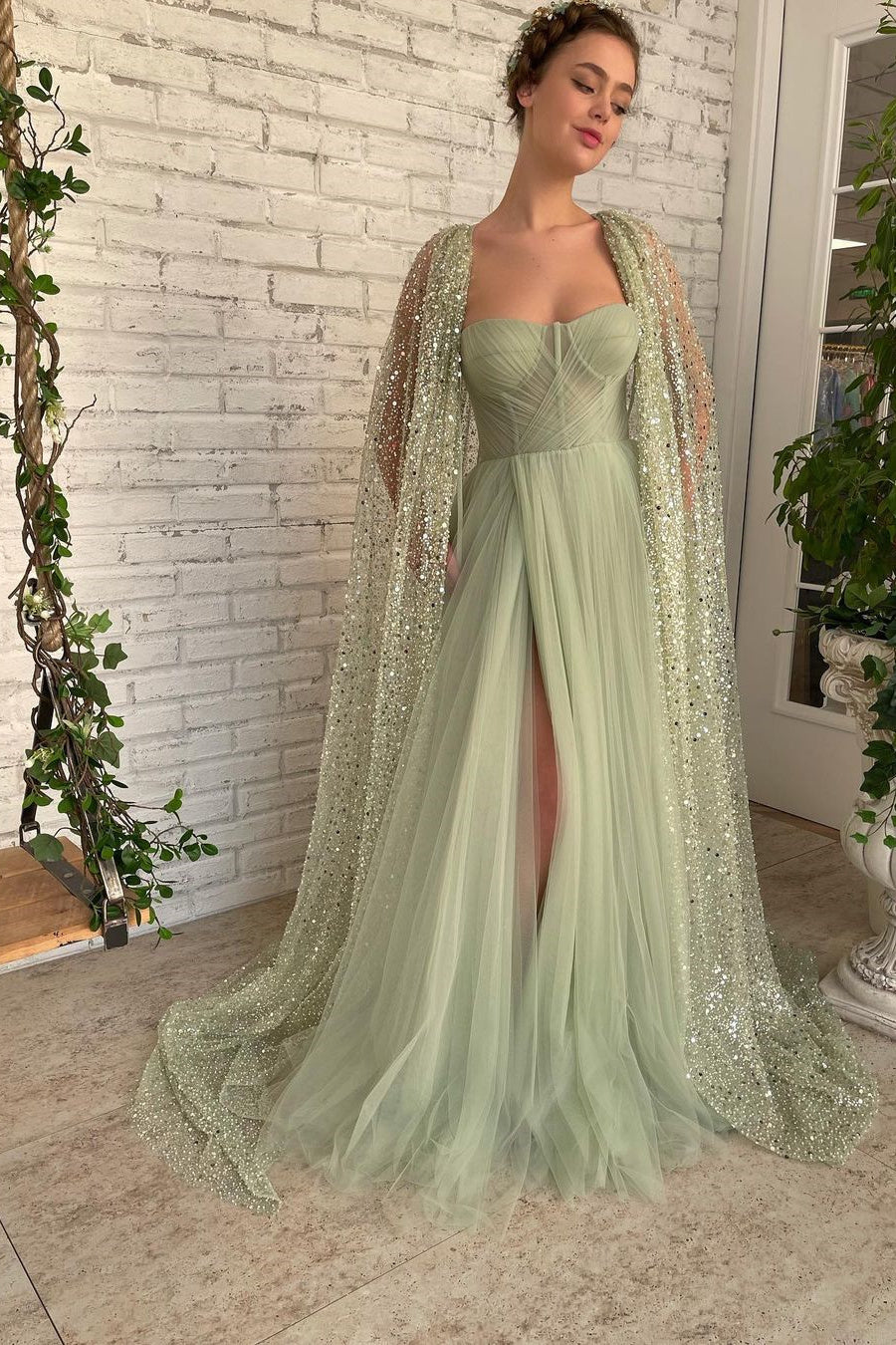 A-Line Sweetheart High Split Shawl Sequined Floor-Length Elegant Prom Dress