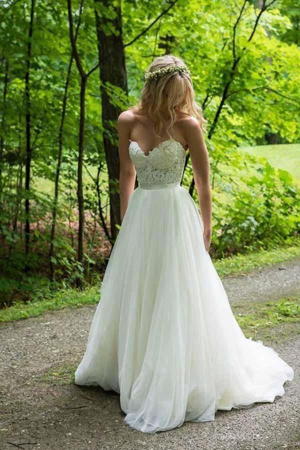 A-line Sweetheart Ivory Wedding Dresses With Lace Applique (ZD15345) - VelvetHem