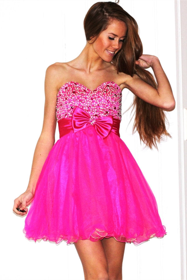 A-Line Sweetheart Knee Length Tulle Beaded Flower Homecoming Dress
