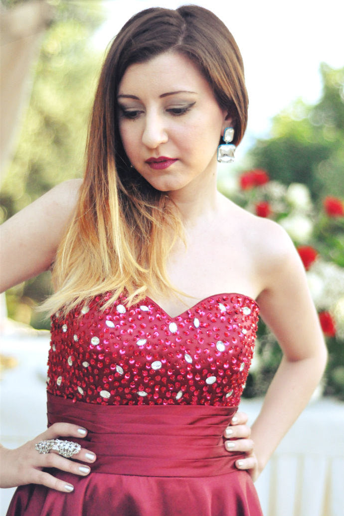 A-Line Sweetheart Knee Length Tulle Rhinestone Homecoming Dress